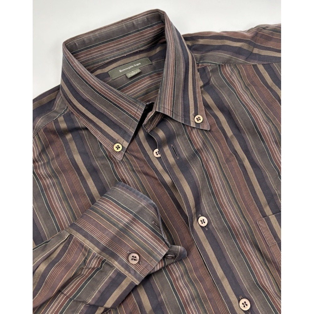 Ermenegildo‎ Zegna Men's L Cotton Brown Striped Button Down Dress Shirt